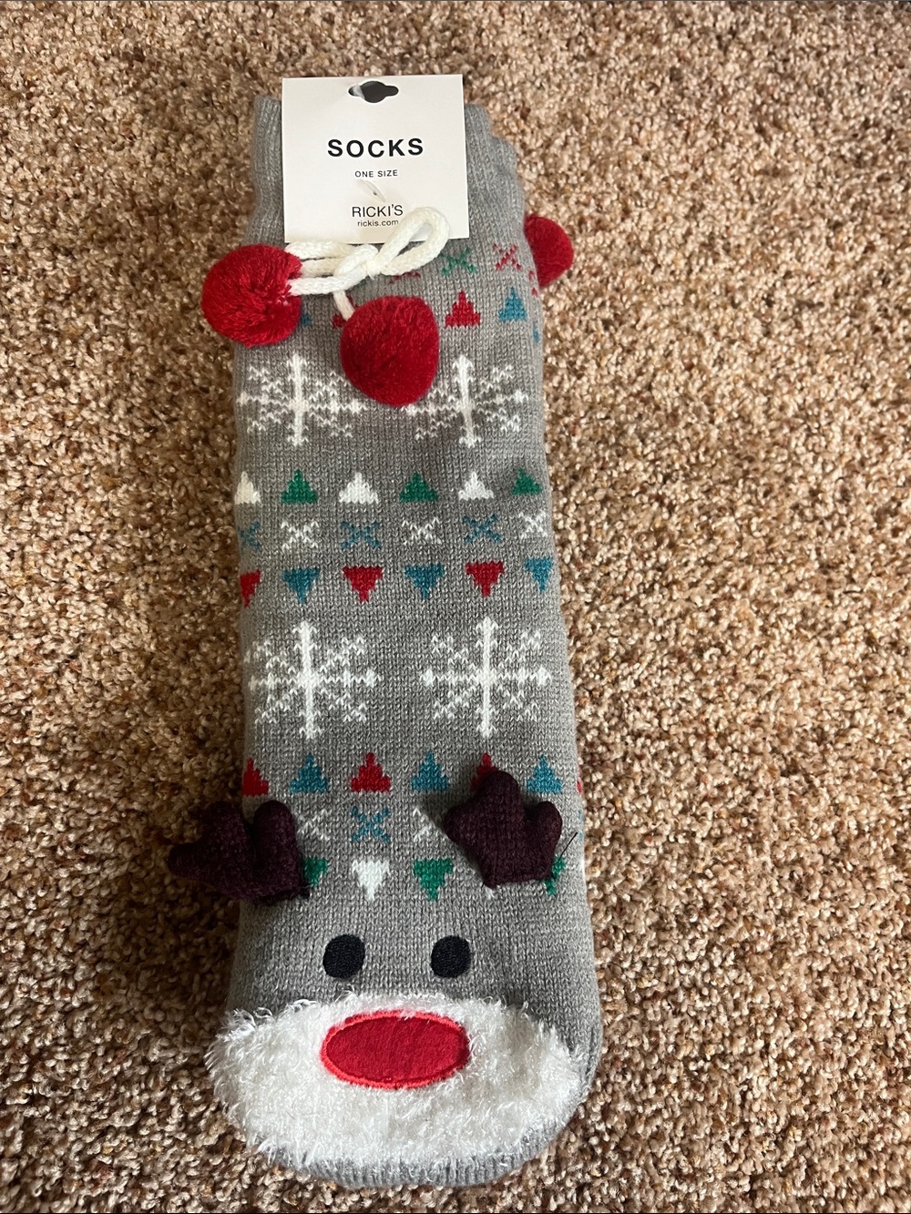 Ricki's Grey Reindeer Red Pom Socks Warm Women’s NWT Gift Holiday Festive